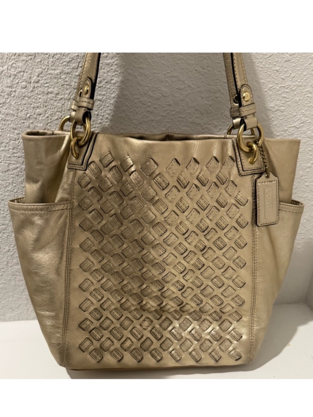 COACH North South Metallic Woven Leather Gold Leather Shoulder Bag Tote F17099
